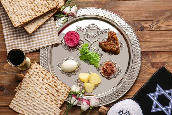 Passover Seder Plate Traditional Food Table — Stock Photo, Image