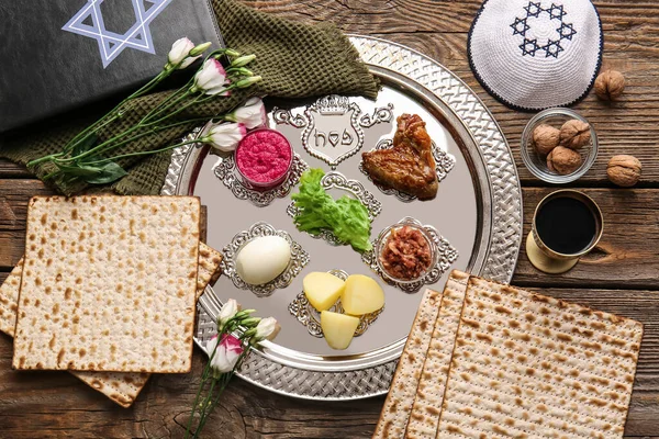 Passover Seder Plate Traditional Food Table — Stock Photo, Image