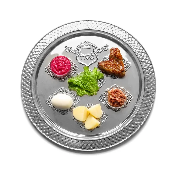 Påsk Seder Platta Med Traditionell Mat Vit Bakgrund — Stockfoto
