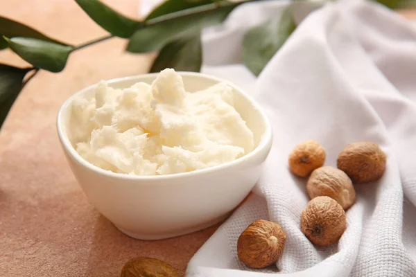 Bowl Shea Butter Color Background — Stock Photo, Image