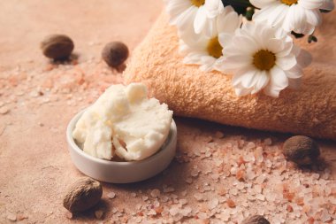 Renkli arka planda Shea tereyağı ve havlu tabağı
