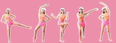 Renkli arka planda aerobik yapan genç kadın kolajı