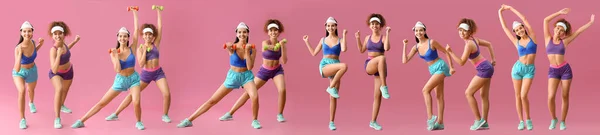 Collage Young Women Doing Aerobics Color Background — Stock Photo, Image