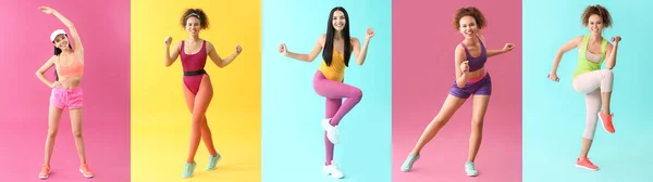 Collage Young Women Doing Aerobics Color Background — Stock Photo, Image