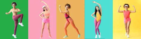 Collage Unga Kvinnor Som Gör Aerobics Färg Bakgrund — Stockfoto