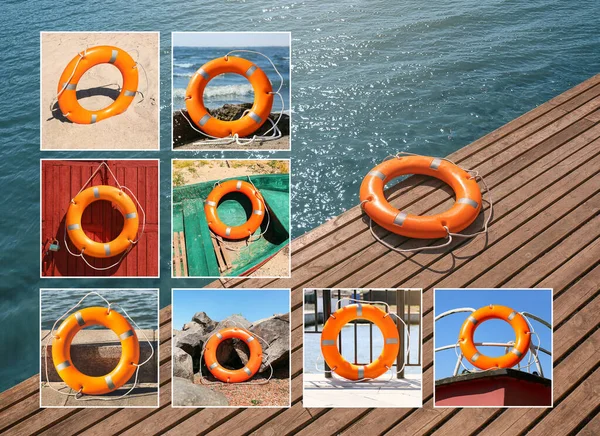 Collage Lifebuoy Rings Outdoors — Stock Photo, Image