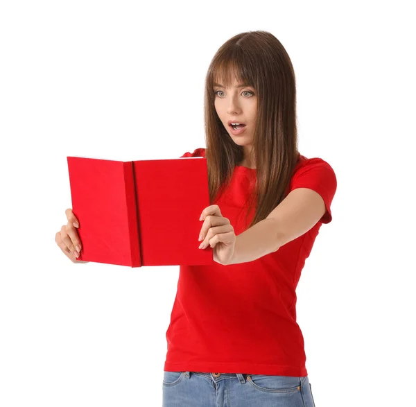 Surprised Young Woman Book White Background — Stock Photo, Image
