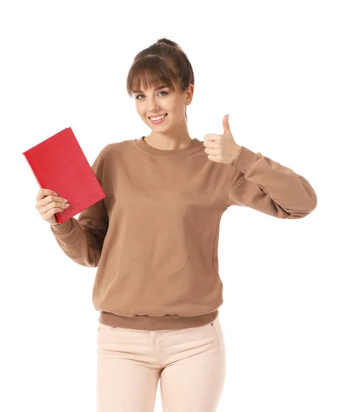 Beautiful Young Woman Book Showing Thumb White Background — Stock Photo, Image