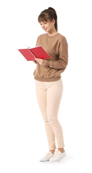 Beautiful Young Woman Reading Book White Background — Stock Photo, Image