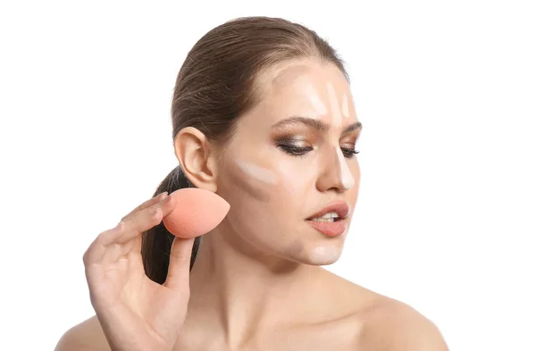 Beautiful Young Woman Applying Contouring Makeup White Background — Stock Photo, Image