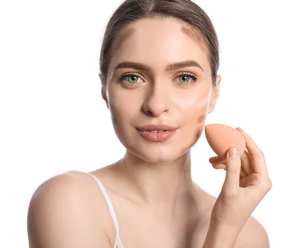 Beautiful Young Woman Applying Contouring Makeup White Background — Stock Photo, Image