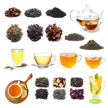 Beyaz zemin üzerinde farklı çay türleri kolajı