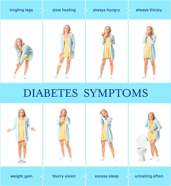 Ung Kvinna Med Diabetes Symptom Vit Bakgrund — Stockfoto