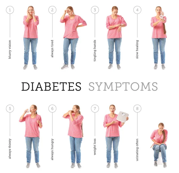 Ung Kvinna Med Diabetes Symptom Vit Bakgrund — Stockfoto