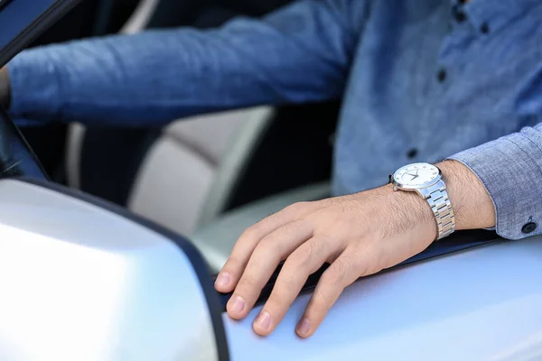 Handsome Man Stylish Wristwatch Driving Car — Stock Photo, Image