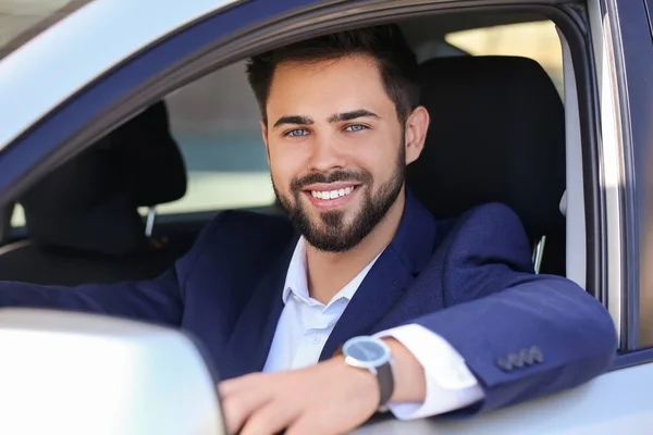 Handsome Businessman Stylish Wristwatch Driving Car — Stock Photo, Image