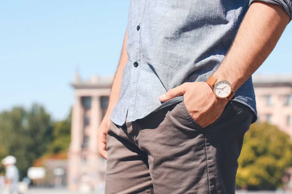 Handsome Man Stylish Wristwatch Outdoors — Stock Photo, Image