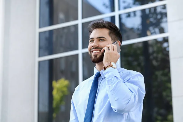 Handsome Businessman Stylish Wristwatch Talking Mobile Phone Outdoors — Stock Photo, Image