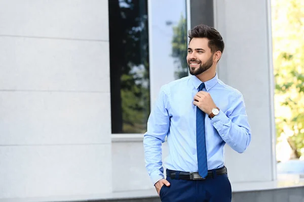 Handsome Businessman Stylish Wristwatch Outdoors — Stock Photo, Image