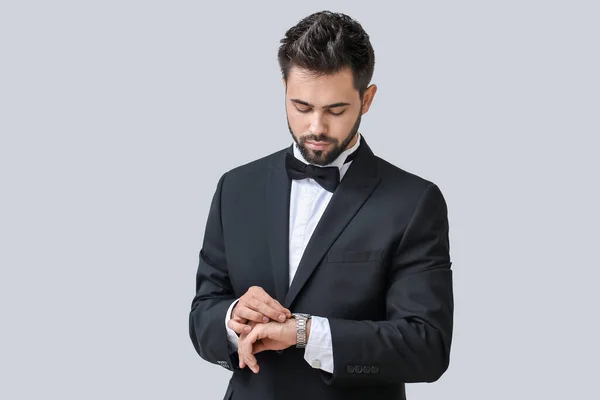 Handsome Businessman Stylish Wristwatch Light Background — Stock Photo, Image