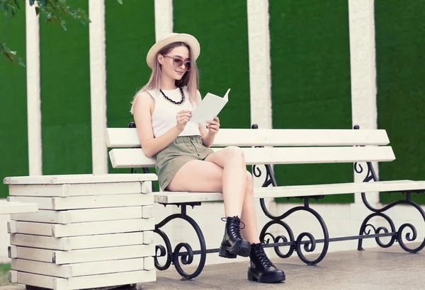 Beautiful Woman Reading Blank Book Bench Outdoors — Stock Photo, Image