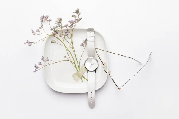 Stylish Wristwatch Flowers Glasses Light Background — Stock Photo, Image