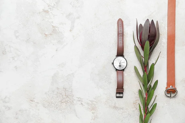 Stylish Wristwatch Flower Belt Light Background — Stock Photo, Image
