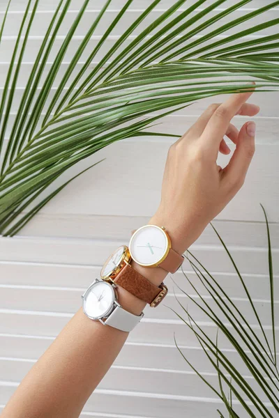 Mano Femenina Con Elegantes Relojes Pulsera Hoja Tropical Sobre Fondo — Foto de Stock