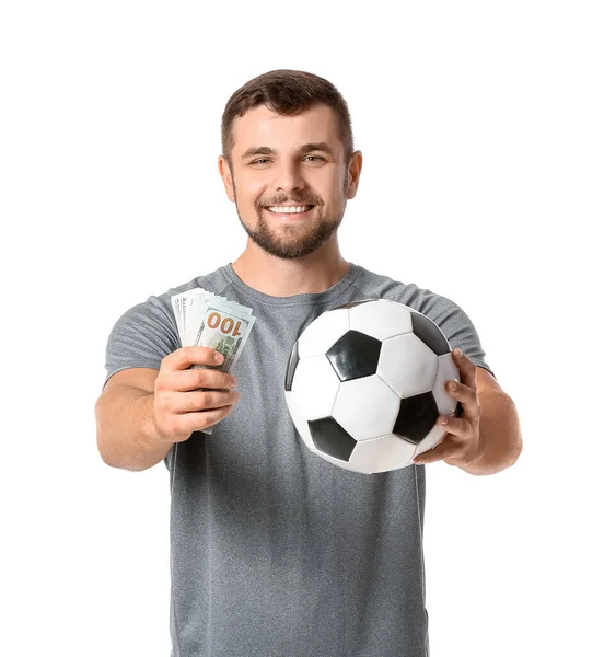 Joven Con Balón Fútbol Dinero Sobre Fondo Blanco Concepto Apuesta —  Fotos de Stock