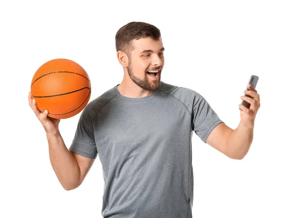 Joven Con Teléfono Móvil Pelota Sobre Fondo Blanco Concepto Apuesta — Foto de Stock