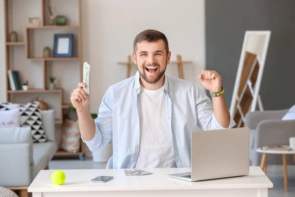 Happy Man Money Winning His Sports Bet Home — Stock Photo, Image