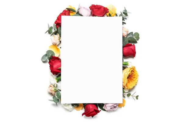 Mooie Bloemen Blanco Kaart Witte Achtergrond — Stockfoto