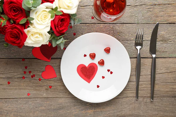 Festive Table Setting Valentines Day Celebration Wooden Background — Stock Photo, Image