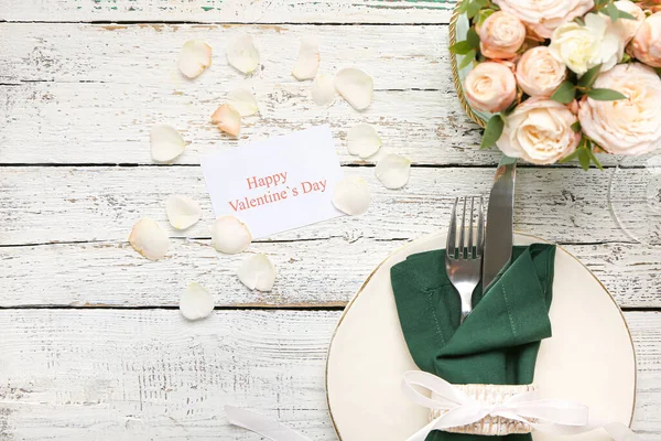 Festive Table Setting Valentines Day Celebration White Wooden Background — Stock Photo, Image