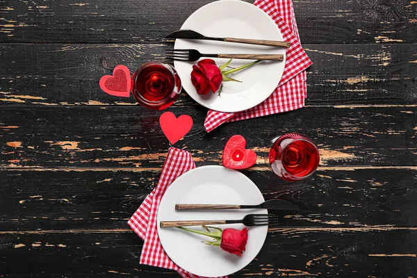 Festive Table Setting Valentines Day Celebration Dark Wooden Background — Stock Photo, Image