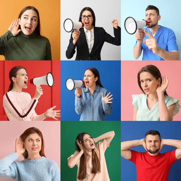 Collage People Listening Sounds People Using Megaphones Color Background — Stock Photo, Image