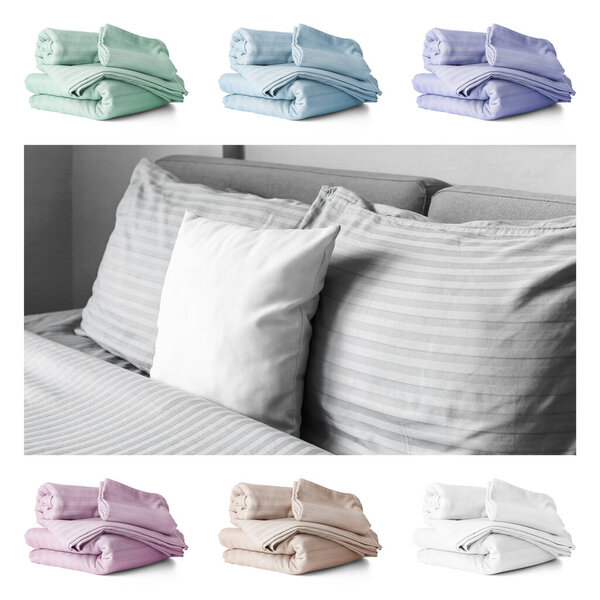 Set of stylish bedding in different colors