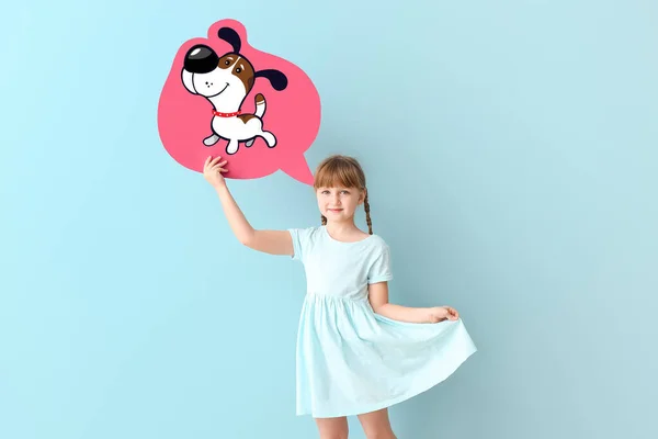 Cute Little Girl Holding Speech Bubble Drawn Dog Color Background — Stock Photo, Image