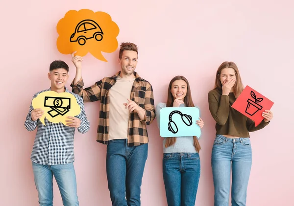 Group Young People Holding Speech Bubbles Different Drawings Color Background — Stock Photo, Image