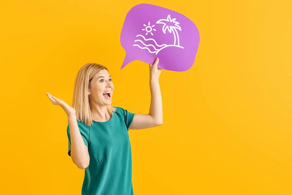 Happy Woman Holding Speech Bubble Drawn Beach Color Background Concept — Stock Photo, Image