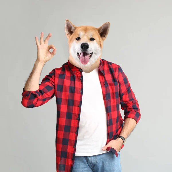 Stylish Man Head Dog Grey Background — Stock Photo, Image