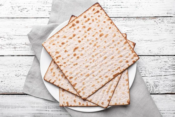 Plate Jewish Flatbread Matza Passover Wooden Background — Stock Photo, Image