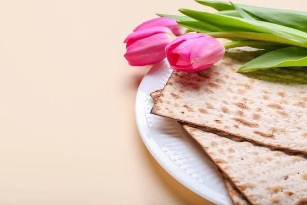 Plaat Met Joodse Platbrood Matza Voor Pascha Bloemen Kleur Achtergrond — Stockfoto