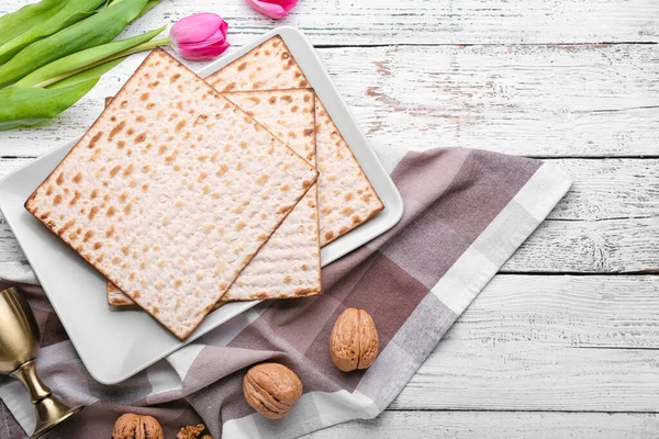 Composition Jewish Flatbread Matza Passover Flowers Wooden Background — Stock Photo, Image