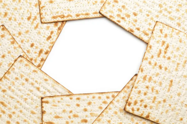 Judisk Tunnbröd Matza För Påsk Vit Bakgrund — Stockfoto