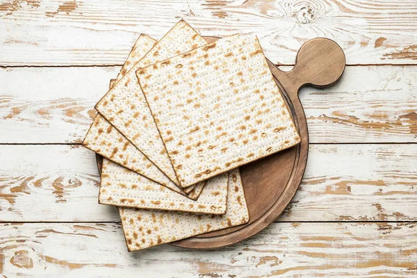 Judisk Tunnbröd Matza För Påsk Trä Bakgrund — Stockfoto