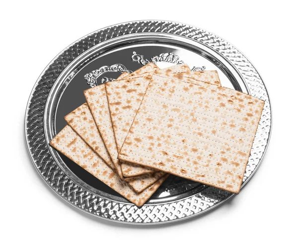 Pesach Seder Deska Židovským Flatbread Matza Bílém Pozadí — Stock fotografie