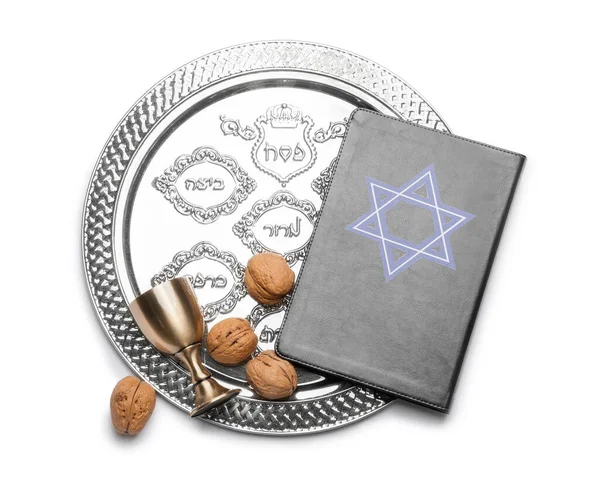 Composizione Con Placca Passover Seder Fondo Bianco — Foto Stock