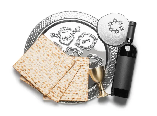Kompozice Destičkou Passover Seder Bílém Pozadí — Stock fotografie