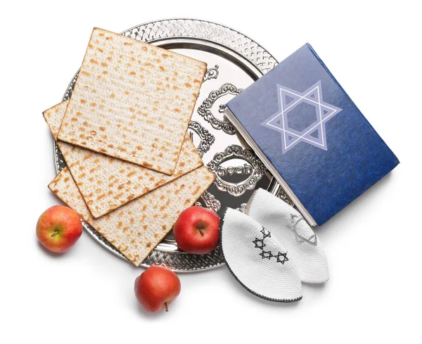 Composition Passover Seder Plate White Background — Stock Photo, Image